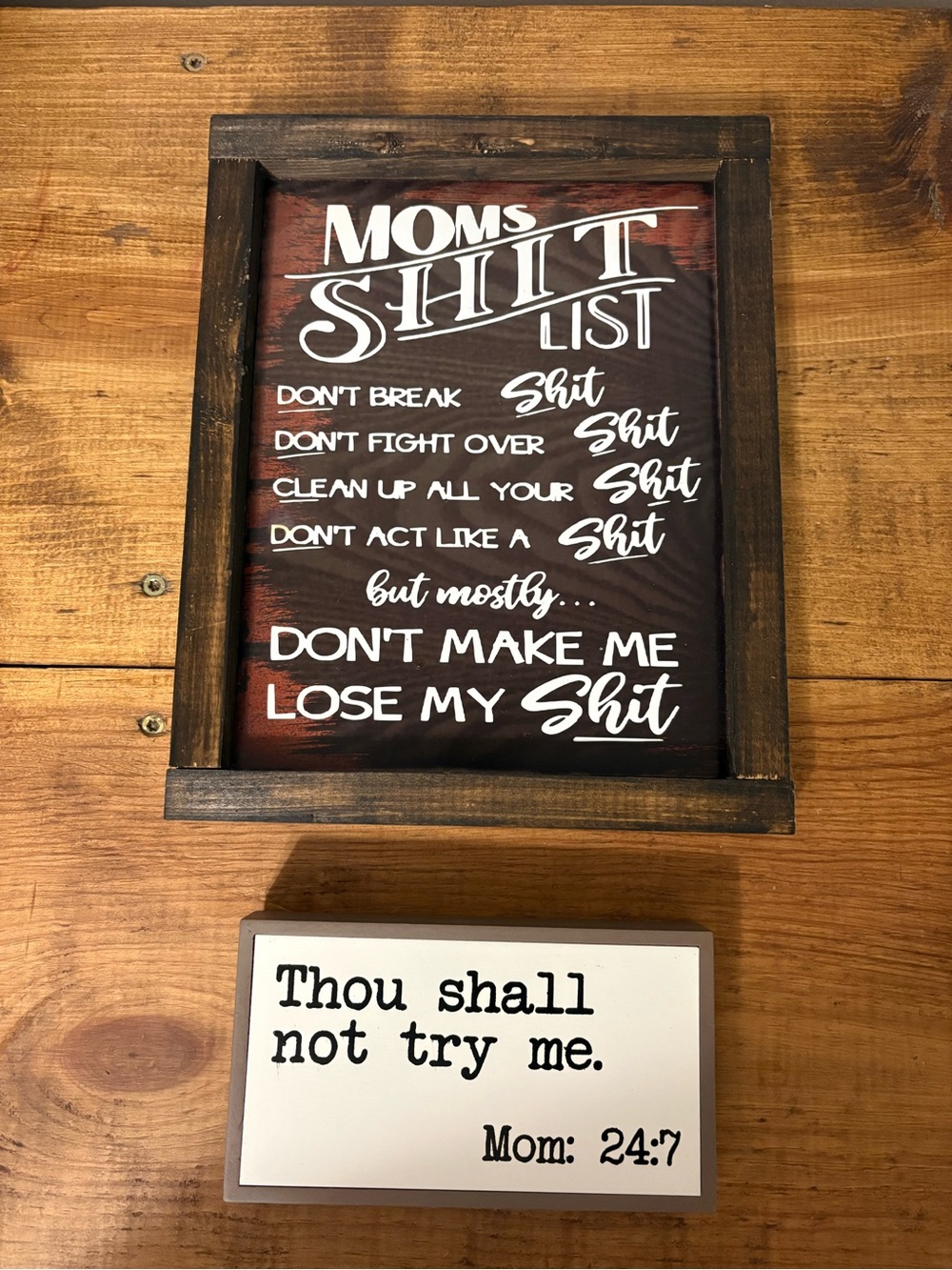 Rustic Brown "Mom's Shit List" Framed Wall Sign - Humorous Home Decor